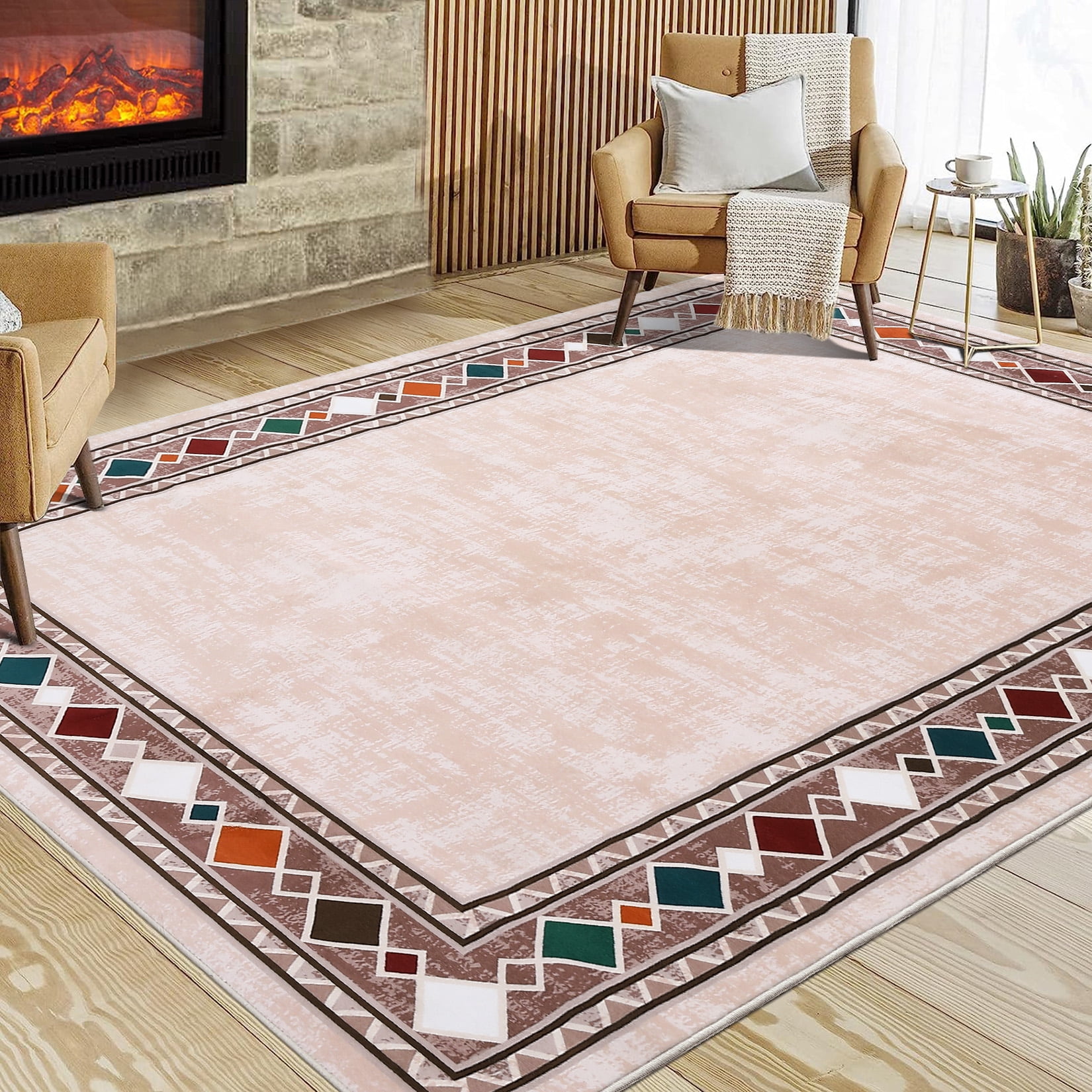 Hasoo Area Rug 5' x 7' Washable Bordered Rug for Living Room Non-Slip Accent Indoor Neutral Carpet Beige