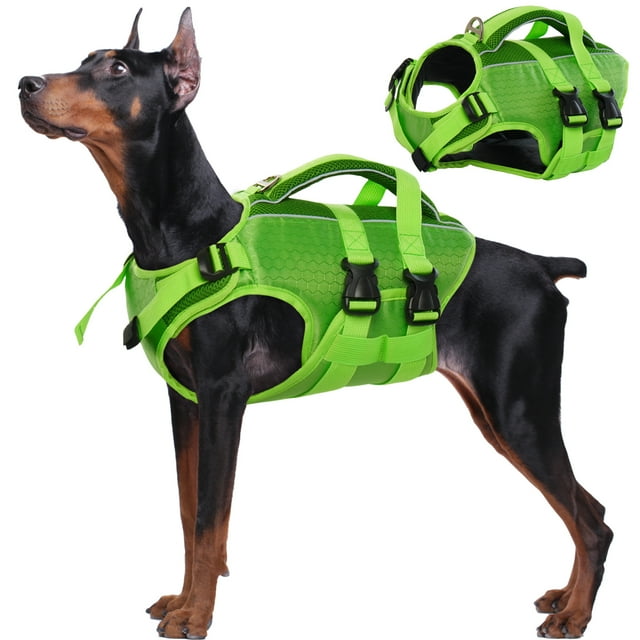 Kuoser Dog Life Jacket, Reflective and Adjustable Dog Life Vest for Small Medium Large Dogs Green, XXL