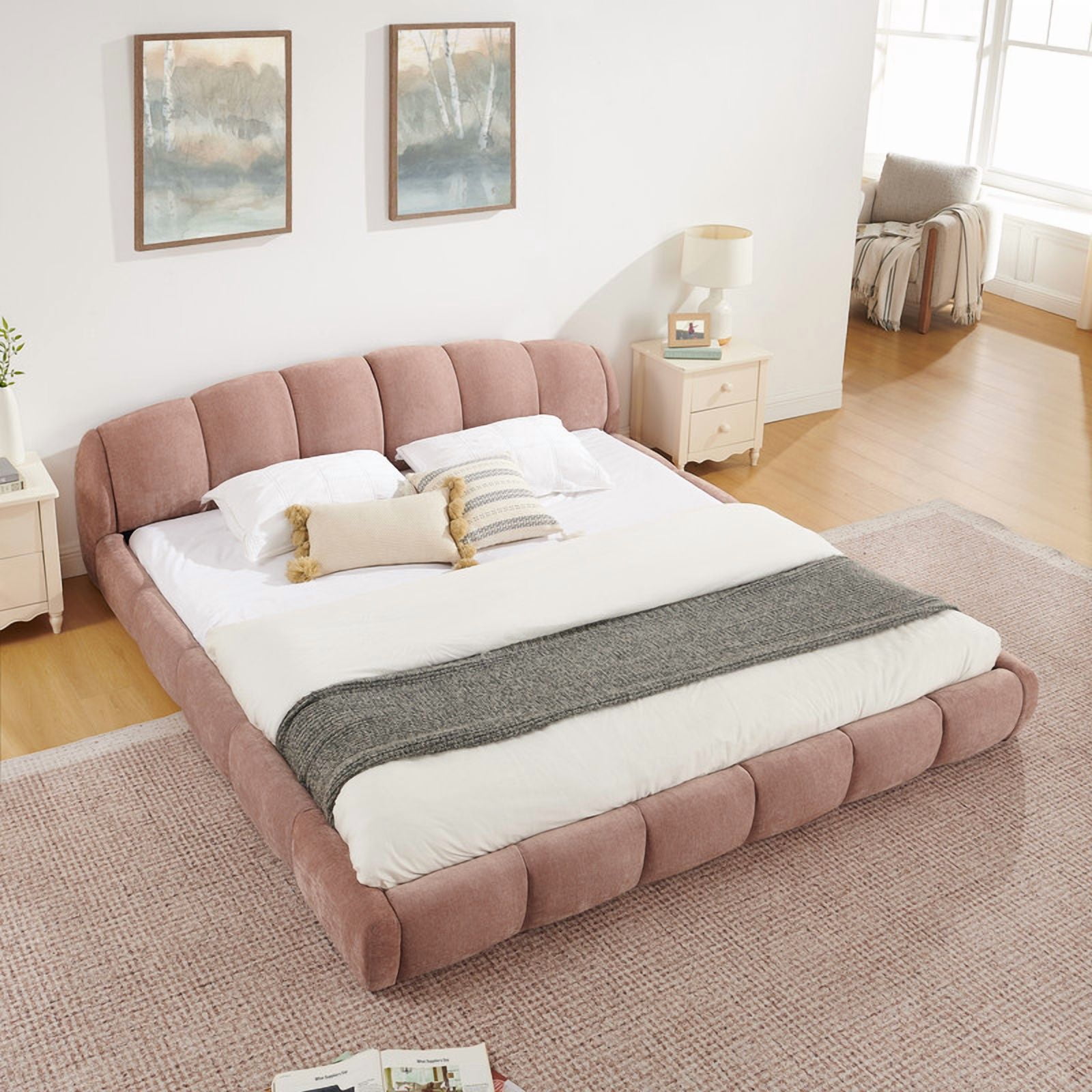 Queen/King Size Upholstered Platform Bed Frame, No Box Spring Required Low Profile Floor Bed with Padded Headboard & Footboard