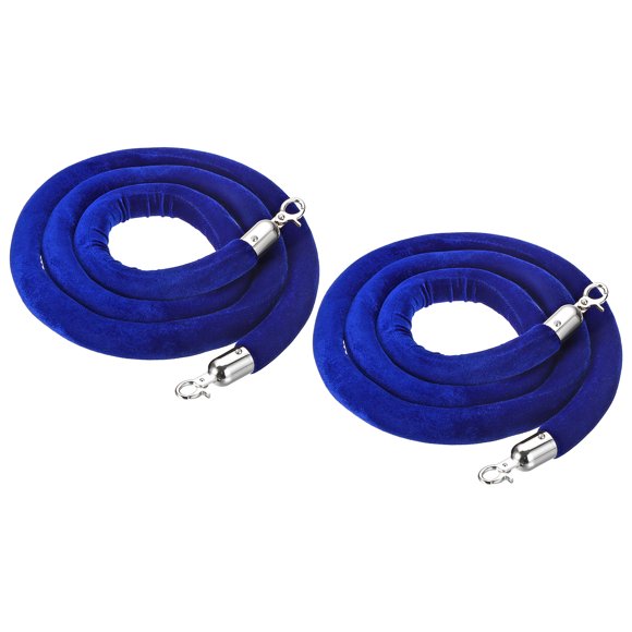 Uxcell 5 Feet Blue Velvet Stanchion Rope, 2 Pack Crowd Control Barrier Rope with Snap Hook, Silver