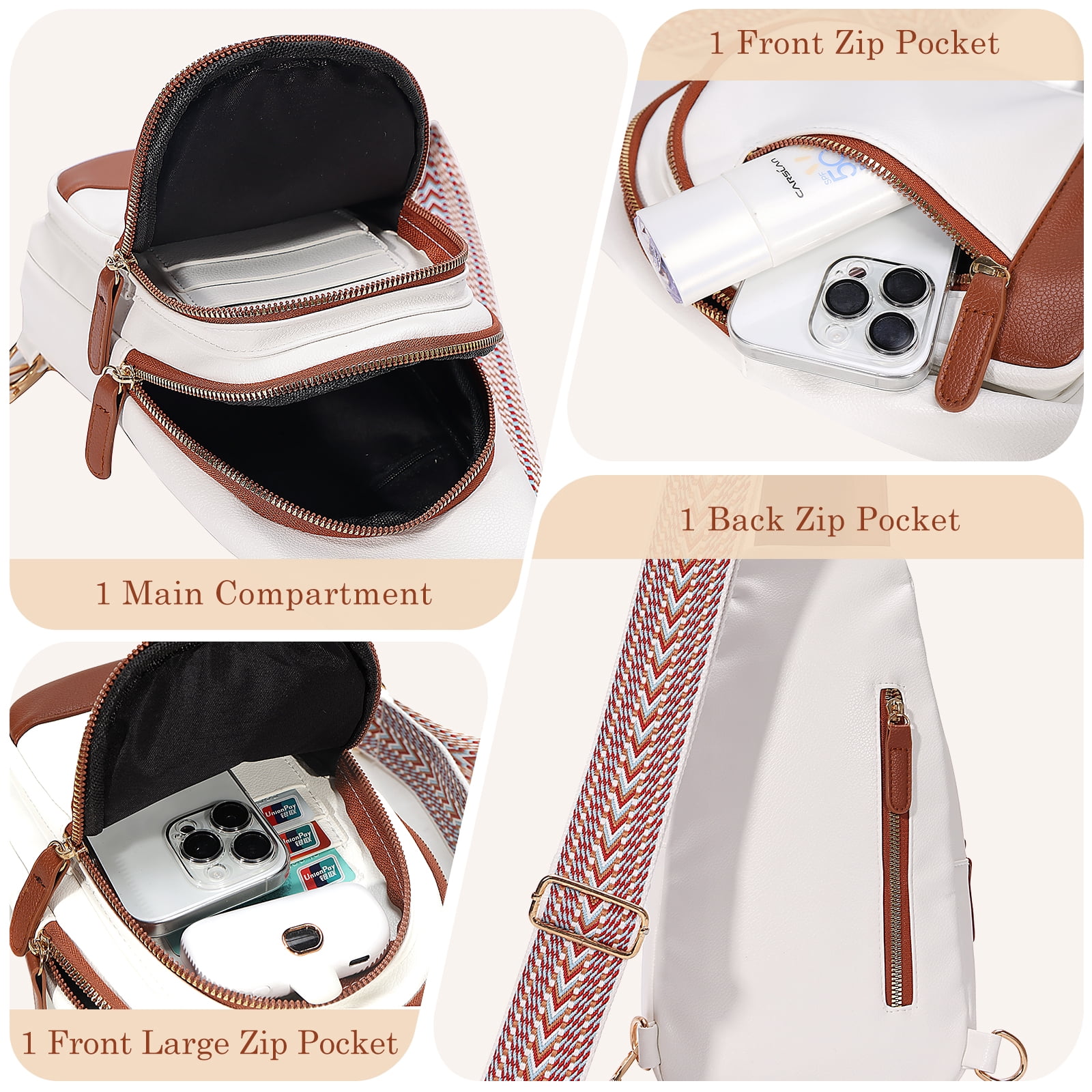 GUIDDBELLA Crossbody Bags for Women Small PU Leather Sling Bag for Women Fanny Pack Chest Bag for Travel White