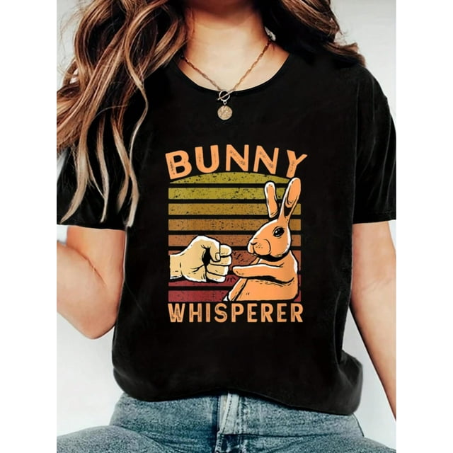 Womens Bunny Whisperer Happy Easter V-Neck T-Shirt Printed Round Neck Women's T-Shirt - Soft, Breathable, Short Sleeve Casual Women's T-Shirt Tee For Adult, Men, Women, Teen, Teenager, Adolescent, Yo