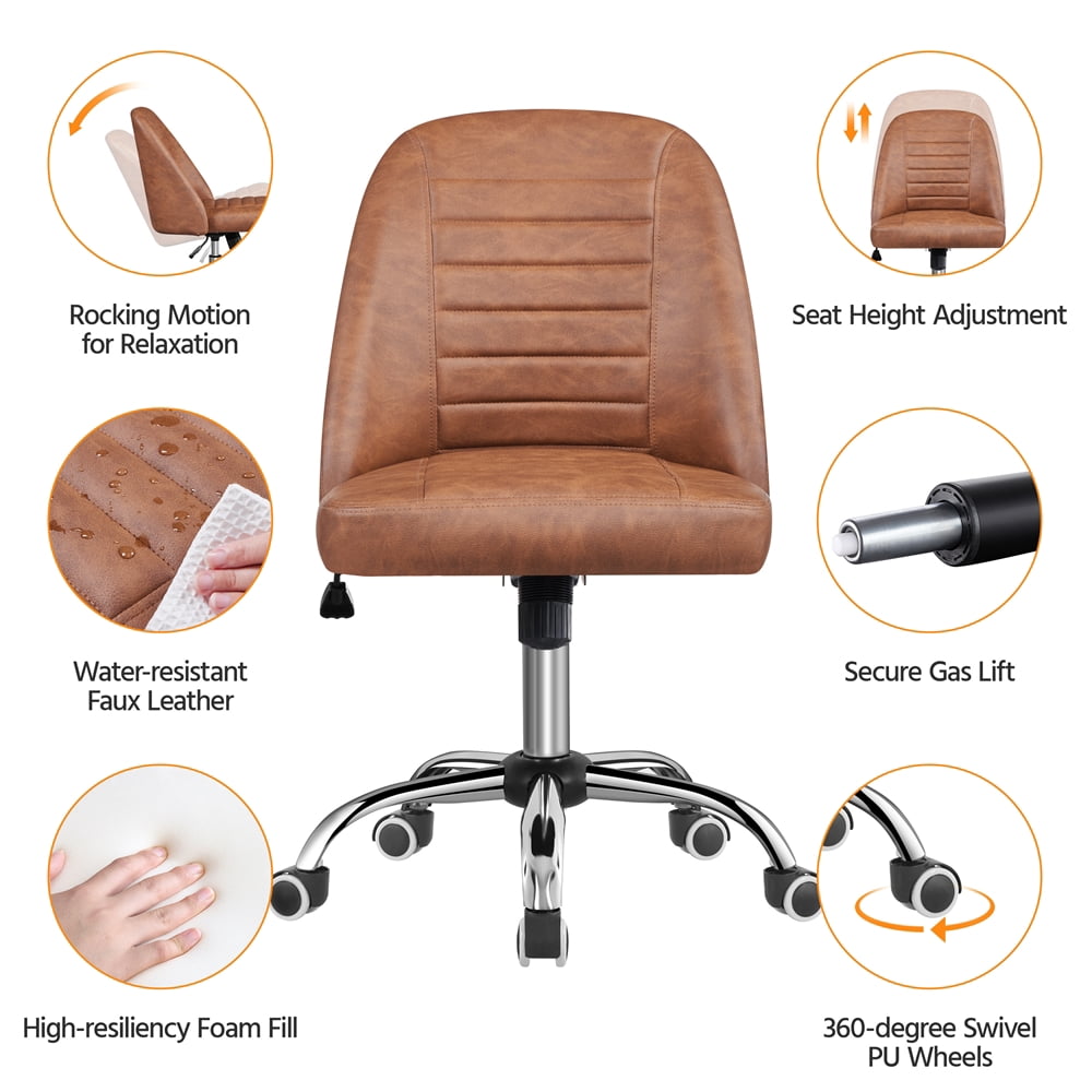 Yaheetech Rolling Faux Leather Desk Chair with Chrome Plated Metal Base, Retro Brown