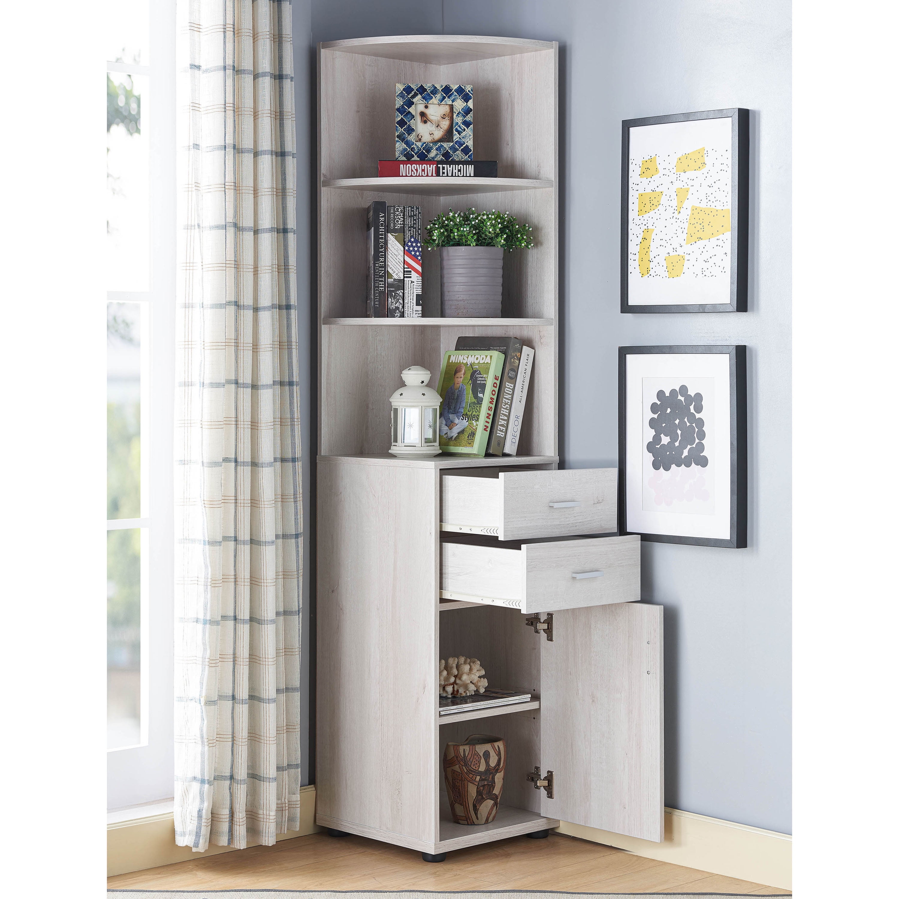 Furniture of America Study Modern Corner Bookcase, White Oak