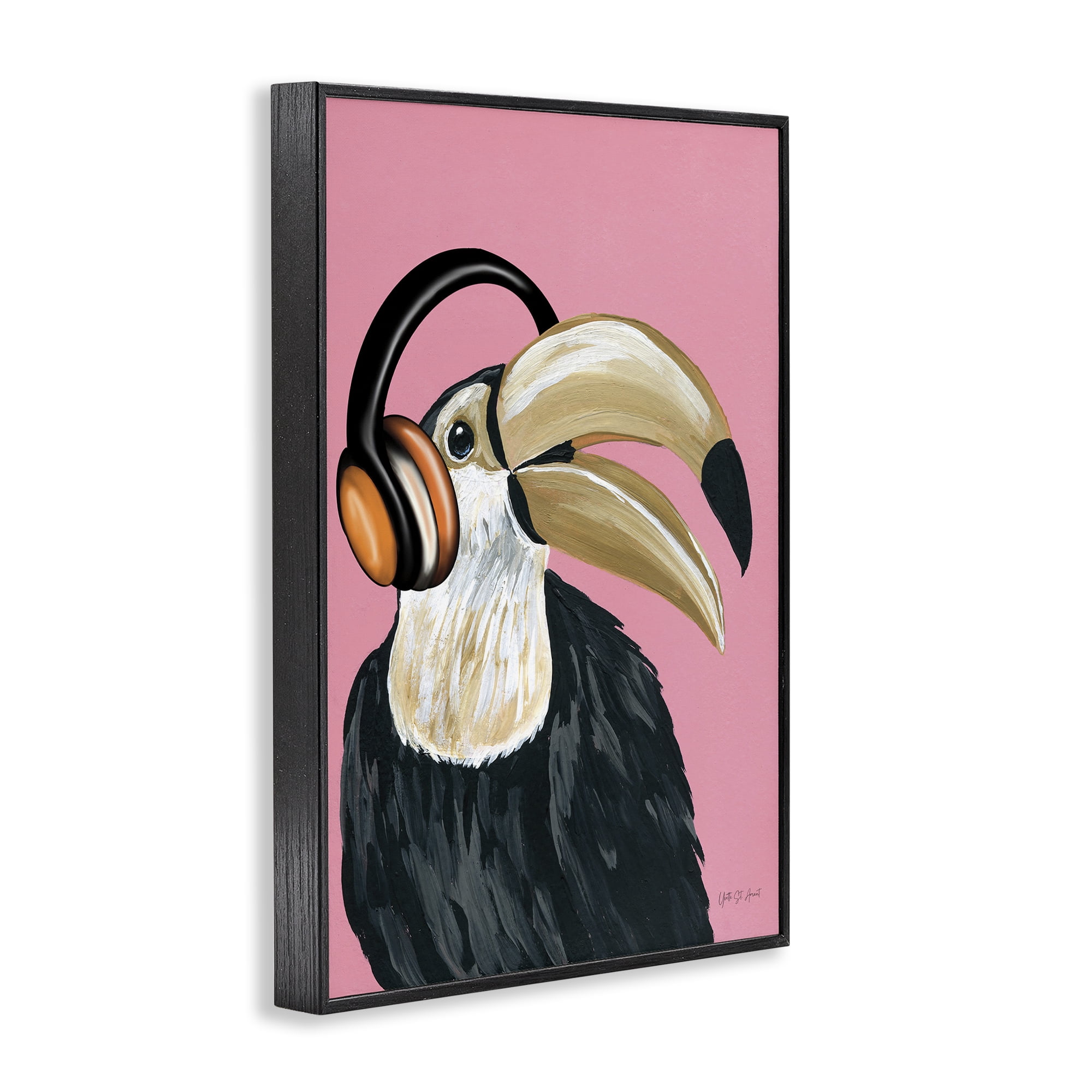 Stupell Industries Toucan & Music Headphones Animals & Insects Painting Black Framed Art Print Wall Art, 12 x 18