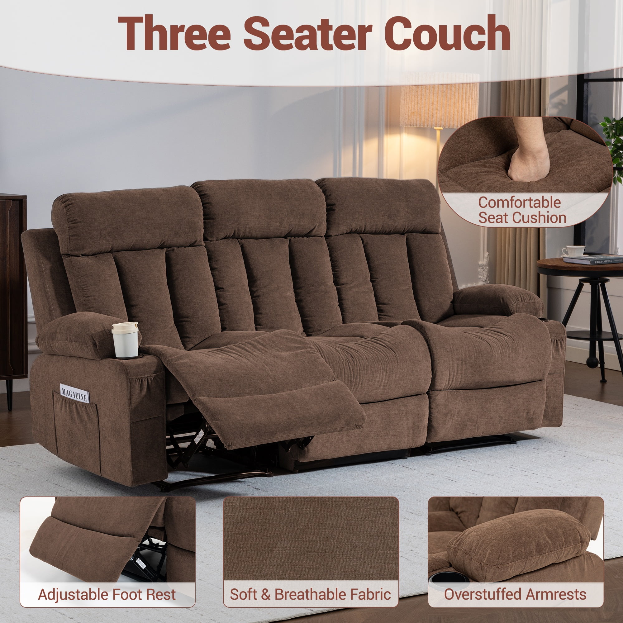 WENTUM Recliner Sofa Set, 3 Seater Recliner Sofa Chair, Manual Reclining Sofa Couch, Triple Recliner Sofa for Living Room, Home Theater, Small Spaces, Brown
