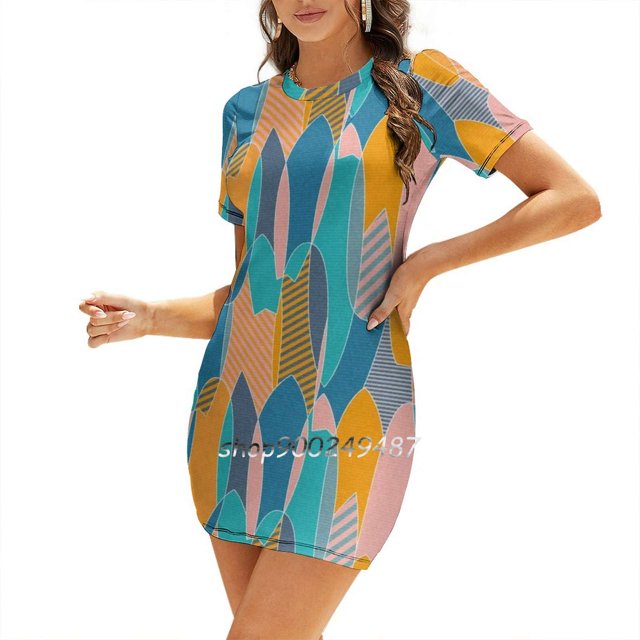 Planches de Surf Colorées-Robe Carrée Pastel Robe d'Été Douce Femmes Élégante Robe à Imprimé Licou Sport Mer Australie Tropicale