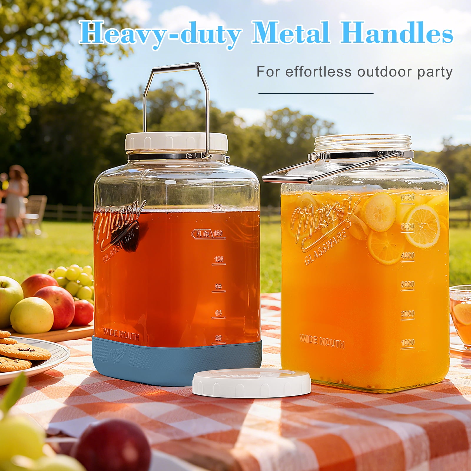 2 Pack 2 Gallon Glass Jar with Airtight Lid, 256 Oz Large Wide Mouth Mason Jar with Non-slip Base and Stainless Steel Handle - Glass Food Storage Containers for Flour, Cereals, Rice and Picking