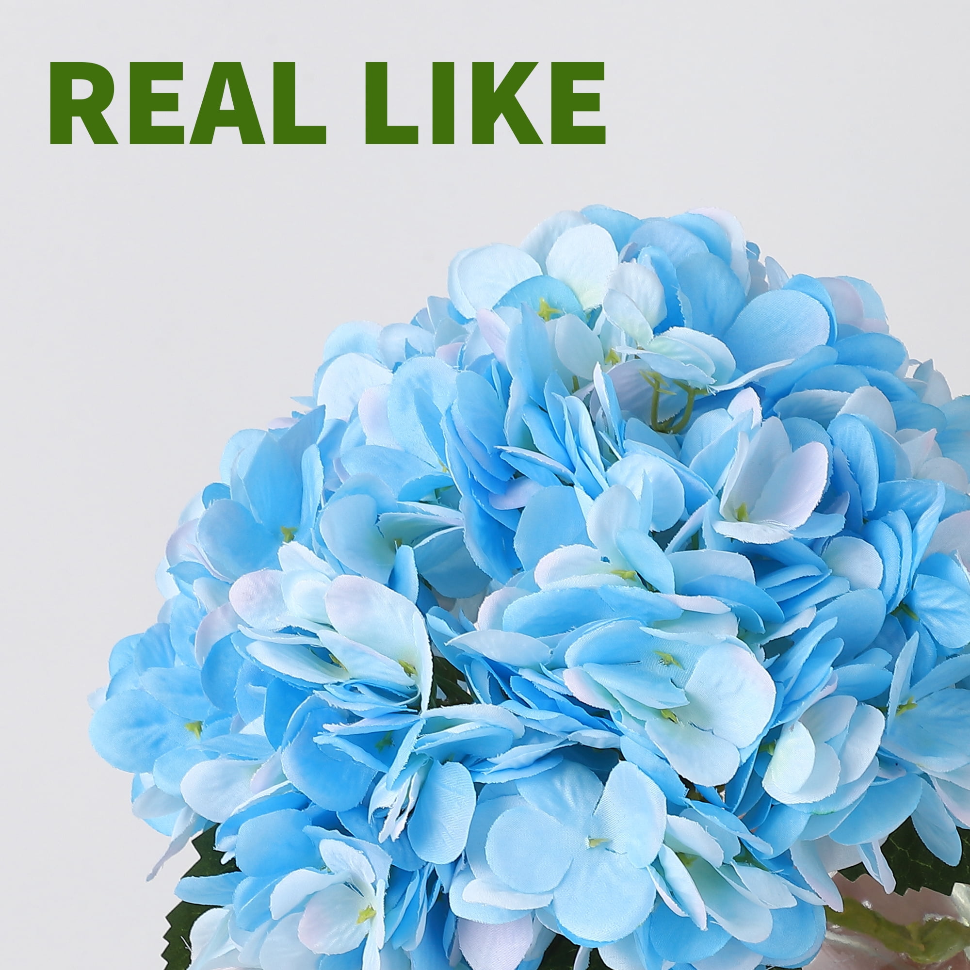 Elegant Artificial Hydrangea Silk Flowers with Glass Vase & Faux Water – Realistic White Faux Floral Arrangement Centerpiece for Table, Shelf, Bathroom, Home, or Wedding Decoration,Blue
