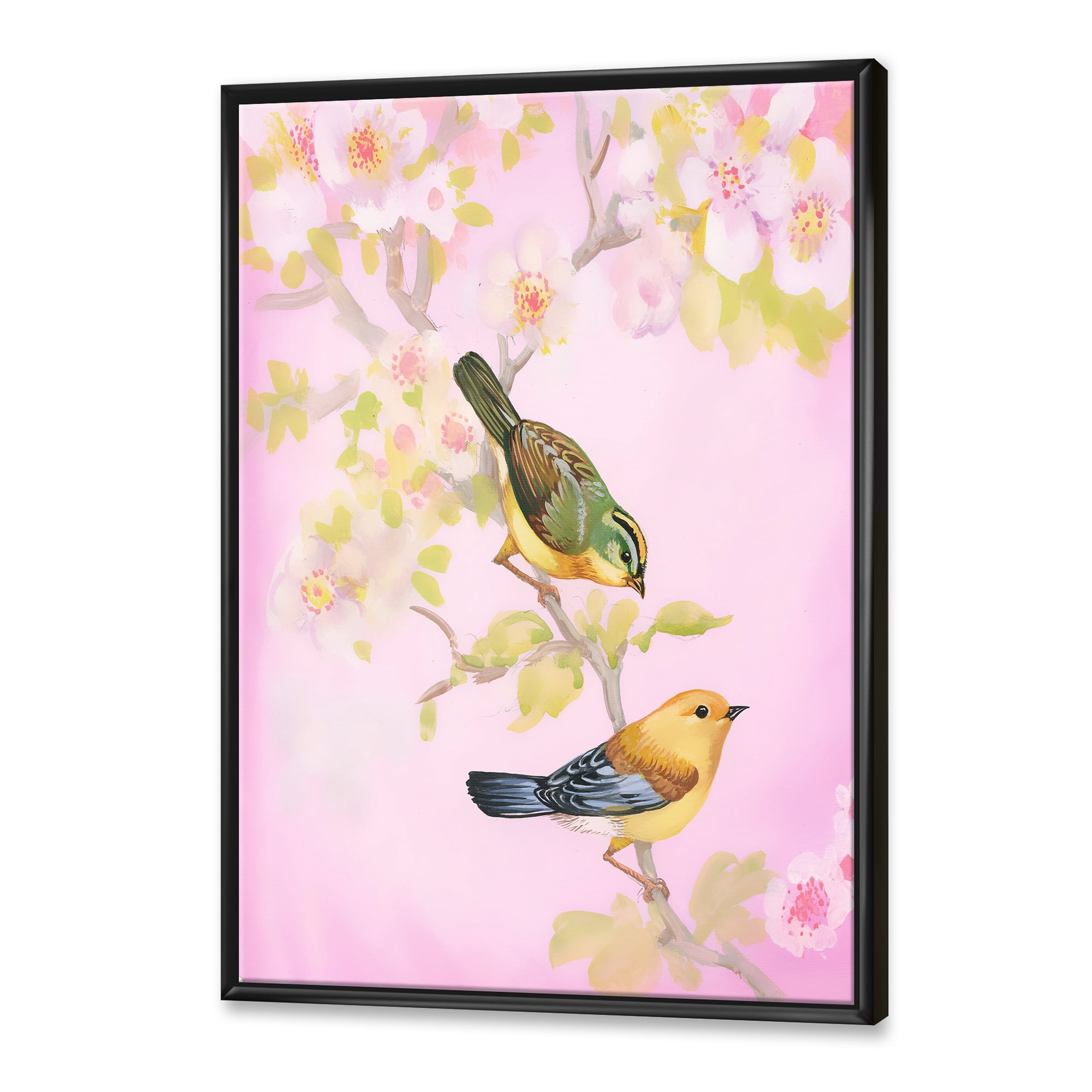 Designart 'Beautiful Bright Birds Sitting On Branch' Traditional Framed Canvas Wall Art Print