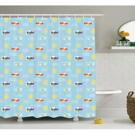 - Airplane Shower Curtain, Patchwork Style Baby Boy Kids Pattern Transportation Travel Icons on Blue Strips, Fabric Bathroom Set with Hooks, 69W X 70L Inches, Multicolor, by Ambesonne