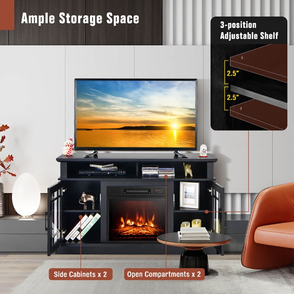 Finihen TV Stand, TV Cabinet, 48 Inch Electric Fireplace TV Stand with Cabinets for TVs Up to 55 Inch, Media Entertainment Center with Storage, for Living Room, Bedroom, Black
