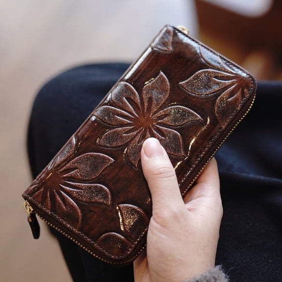 RUNDRAW Long Wallet Floral Embossed Glossy Zipper Clutch Purse for Women