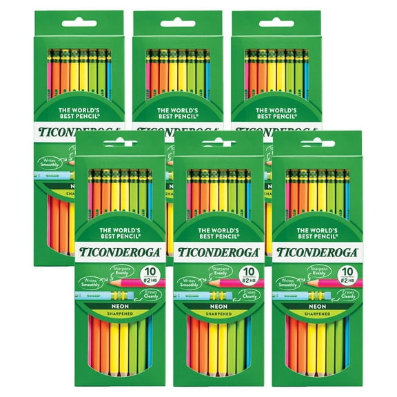 Ticonderoga Premium Neon Wood No. 2 Pencils with Eraser, 10 Per Pack, 6 Packs