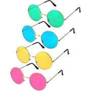 4 Pairs Hippie Sunglasses, 60's Style Round Metal Frame Sunglasses, Circle Multicolor Retro Sunglasses for Girls oys - Hippie Accessories Party Favor (Pink, Yellow, Green, lue)