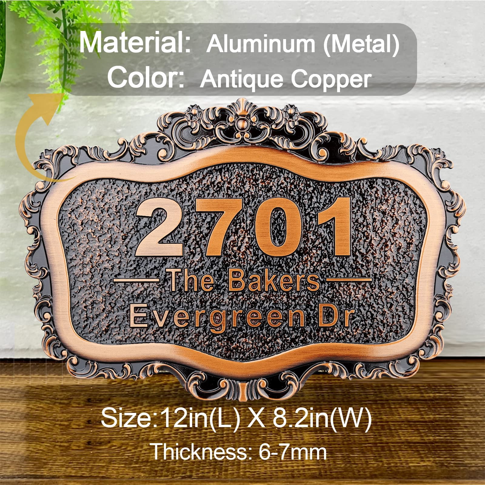 Personalized House Address Plaque 12" Cast Numbers for Outside Custom Street Name Address Sign Plate Vintage for Mailbox Door Room Classic Wall Outdoor Antique Copper