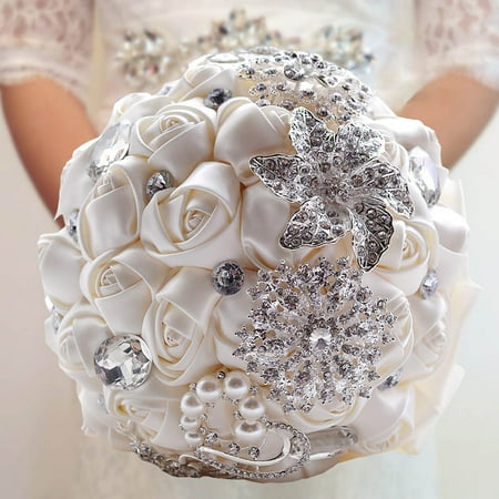 Crystal Double Flower - Wedding Decoration Supplies Hand Made Ivory Satin Roses Bright Diamond Flower Salable Product for Bride Bouquet with Artificial Crystal Bridesmaid Flowers White/Purple Valentines Gift