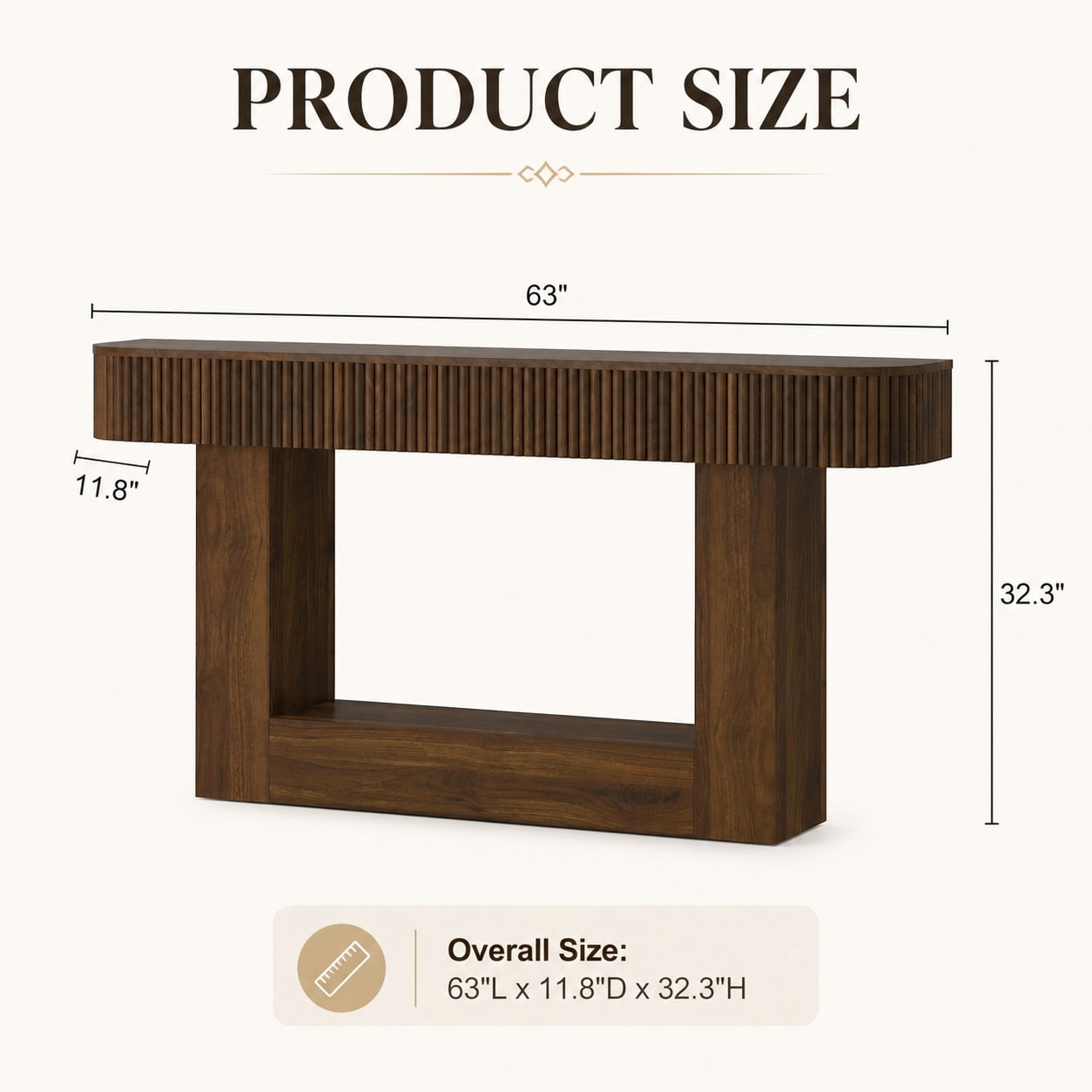 Aukfa 63" Fluted Console Table, Modern Farmhouse Entryway Table Narrow Sofa Table Behind Couch, Walnut