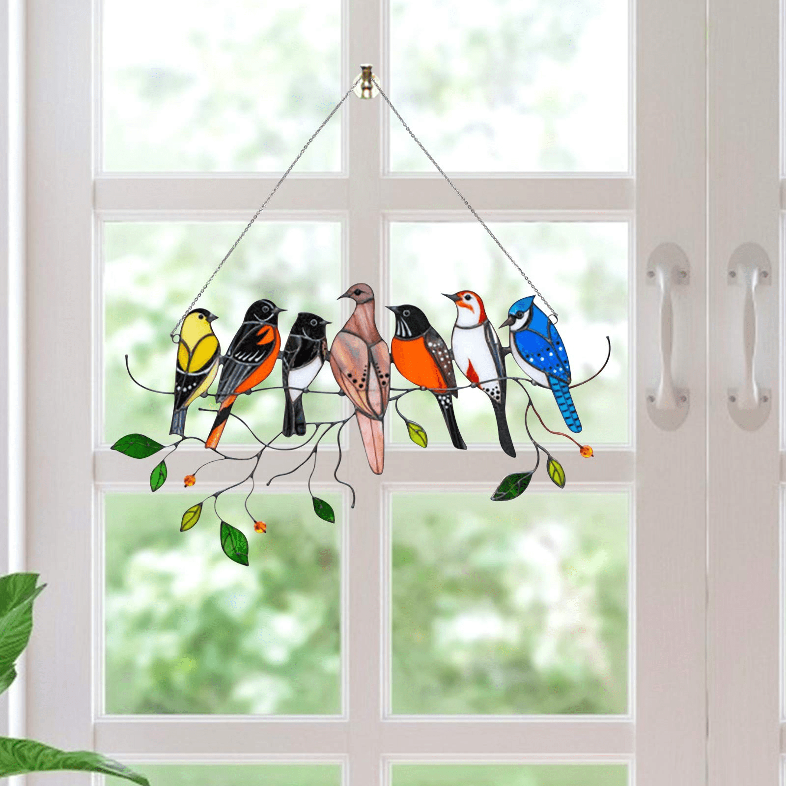 Ornament Memorial Handicrafts Gifts Hanging for Windows Doors Acrylic-4 Birds Window Stained Panel Decoration SHUAIGUO Birds on a Wire Stained Glass Window Hangings Ornament Home Decor