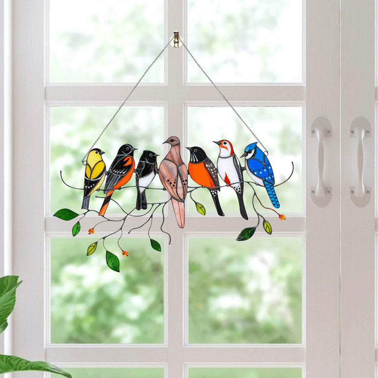 Prettyui Birds on a Wire Stained Glass Bird Suncatcher Window Hangings  Garden Home Windows Doors Room Home Decoration Hummingbird Ornament Patio  Yard Decor Gift 