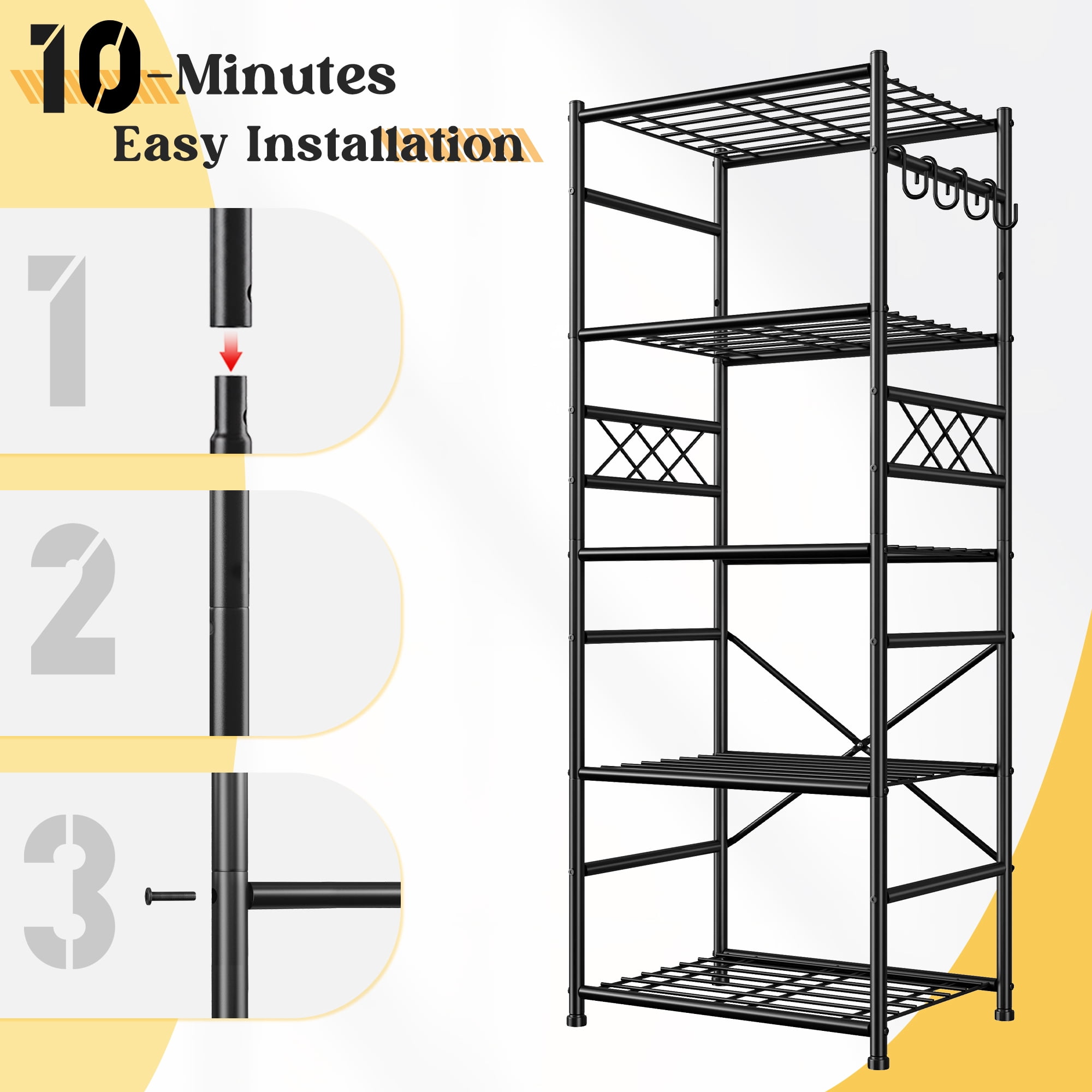 REIBII 5-Tier Metal Wire Shelf with 4 Hooks, 17.7" W x 11.8" D x 58.3" H, 550 lb Total Capacity