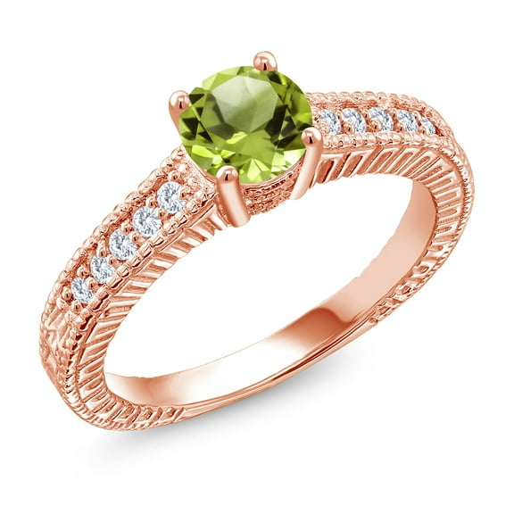 Gem Stone King 1.15 Ct Round Green Peridot E-F Lab Grown Diamond 18K Rose Gold Plated Silver Ring (Size 5)