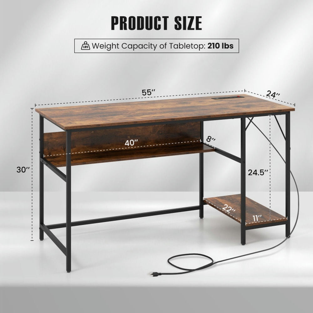 Demi Bonn 55" Computer Desk with Charging Station, Small Home Office Desk Study Writing Table, Brown