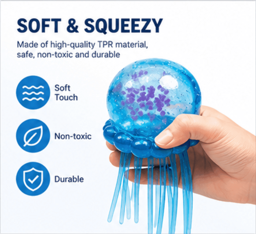 Glitter Jellyfish Squishy Toy, Stress Relief Fidget Toy, Ultra-Soft TPR Material, Slow-Rebound Sensory Toy with Dangling Tentacles for Kids Adults ADHD