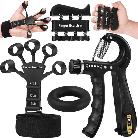 Grip Strength Trainer 4Pcs - Adjustable Hand Grip Strengthener, Finger Exerciser, Hand Extension Exerciser & Forearm Workout Ring for Muscle Building & Injury Recovery