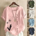 thumbnail image 3 of WREESH Womens Cotton Linen Shirts Summer Casual Crew Neck Short Sleeve Printing Loose Shirt Tops Olive Green, 3 of 4