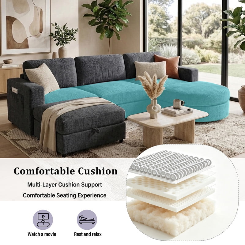 102.4" U-Shaped Modular Sectional Sofa with 2 Movable Ottomans, Chenille Fabric Couch with Storage Ottoman, Drop-Down Console with 2 Cup Holders, Solid Pine Wood Frame for Living Room