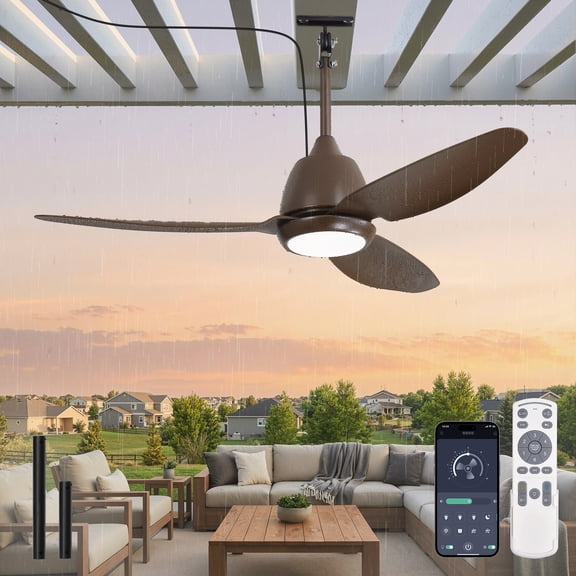 Lokivas 42" Brown Waterproof Outdoor Gazebo Ceiling Fan with Light, Quiet 6 Speeds, APP & Remote, IP65 Plug-in DC Motor, Dimmable 3CCT, Hanging Cord for Patio Porch