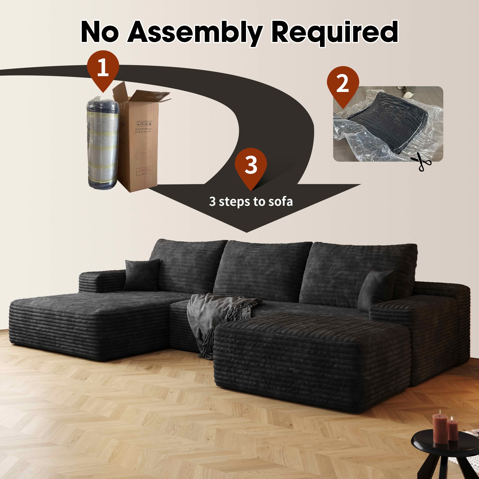 MAYEERTY U-Shaped Modular Cloud Sofa, Plush Corduroy Corner Couch with Ottoman, No Assembly Deep Seat Sofa for Indoor Use