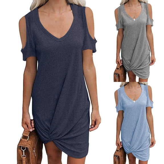 Antinious Women Short Sleeve Round Neck Solid Side Knot Casual Dress