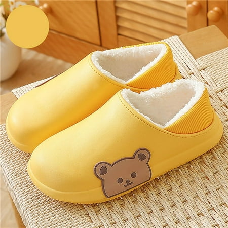

PIKADINGNIS Winter Warm Waterproof Men Slippers Cartoon Bear Furry Non-Slip Sole Plush Home Cotton Shoes Indoor Outdoor Thick Heel Slides