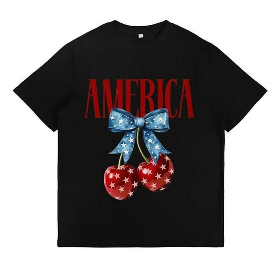 Patriotic Cherry Blossom Tee – Star-Spangled Bow Design – Women’s Soft Cotton Holiday Tops