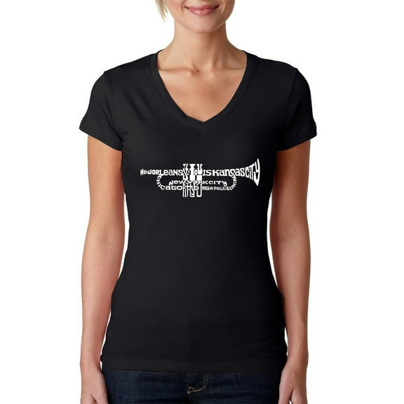 LA Pop Art Women's Word Art V-Neck T-Shirt - Trumpet
