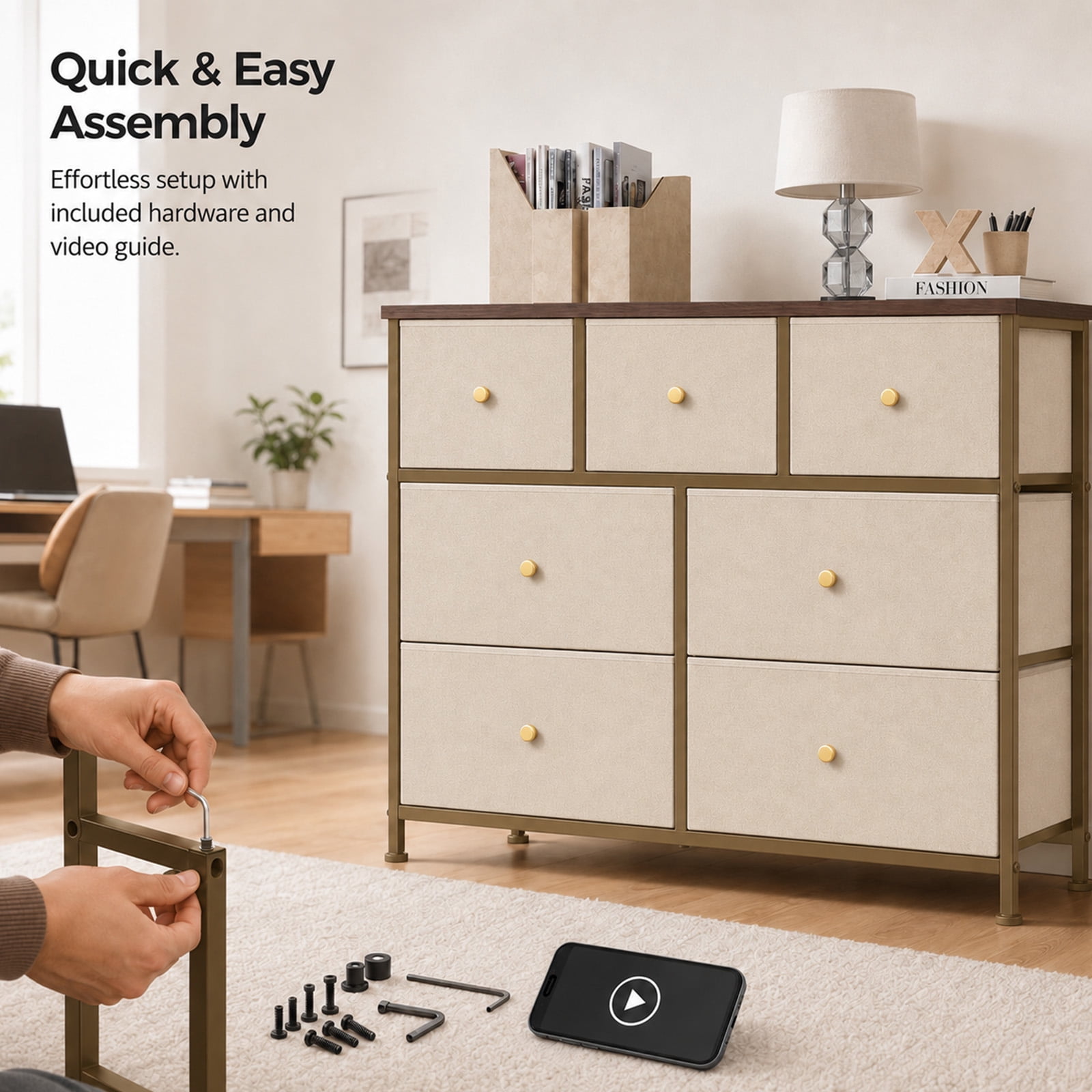 Alvantor 5/7 Drawer Fabric Dresser, Storage Tower for Bedroom and Closet, Chest of Drawers with Sturdy Steel Frame & Wooden Top for Living Room, Entryway