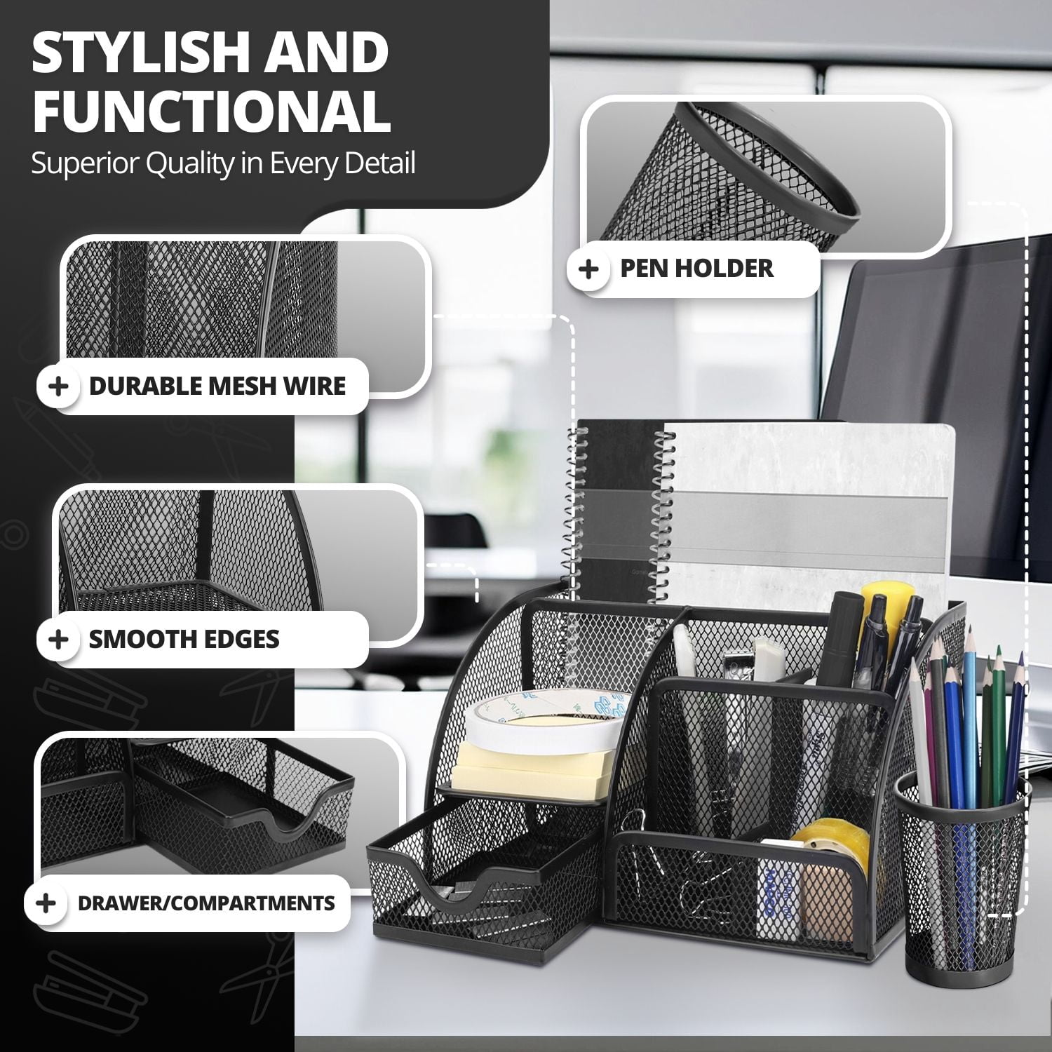 Desk Organizer Accessories Desktop Tabletop Sorter Shelf Pencil Holder Caddy Set (Black)