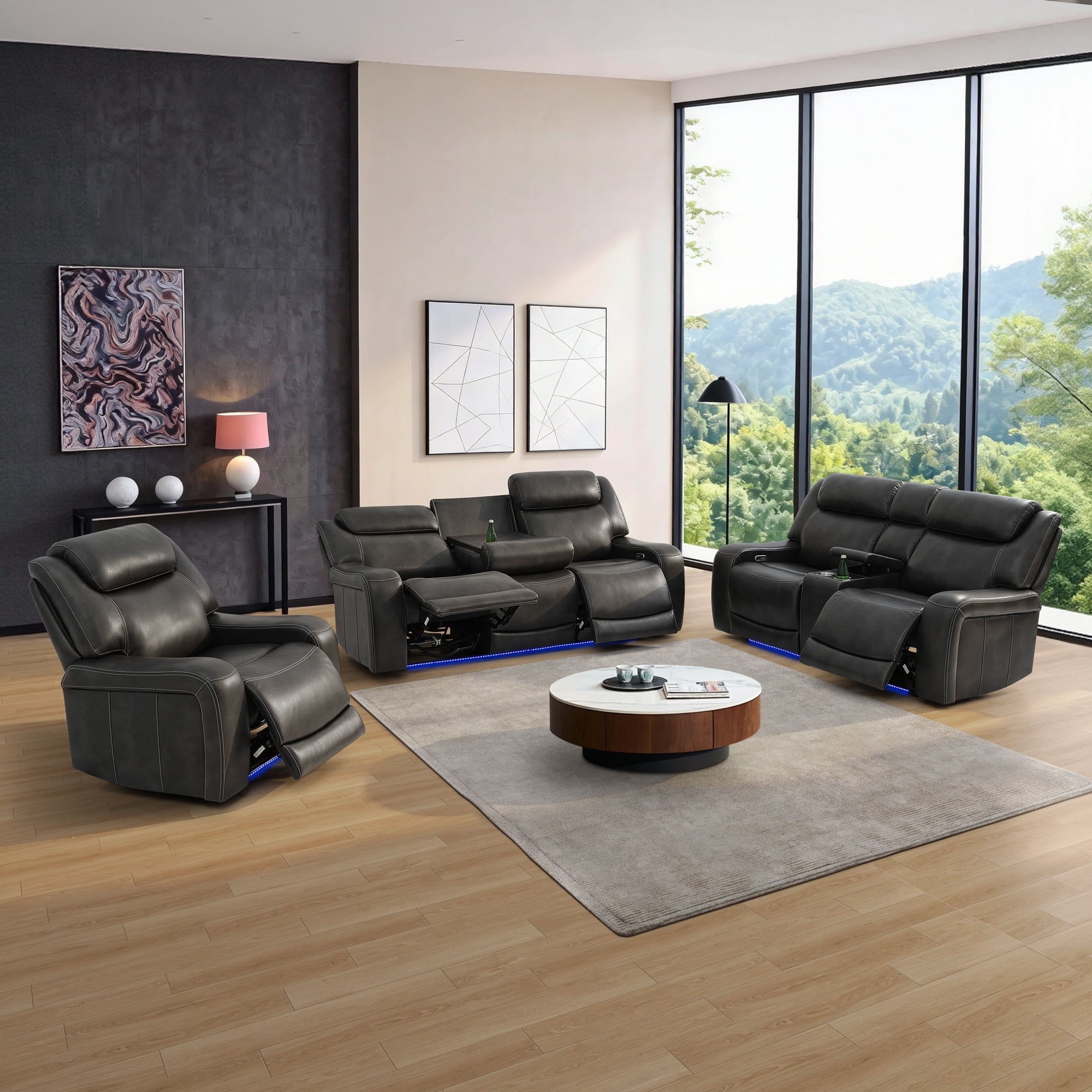 Gewnee 3‑Piece Power Recliner Sofa Set, Air Leather Upholstery, Adjustable Recline with USB Port, Flip‑Up Center Console, Storage Bin, Cup Holders & LED Ambient Light, Living Room Furniture, Black
