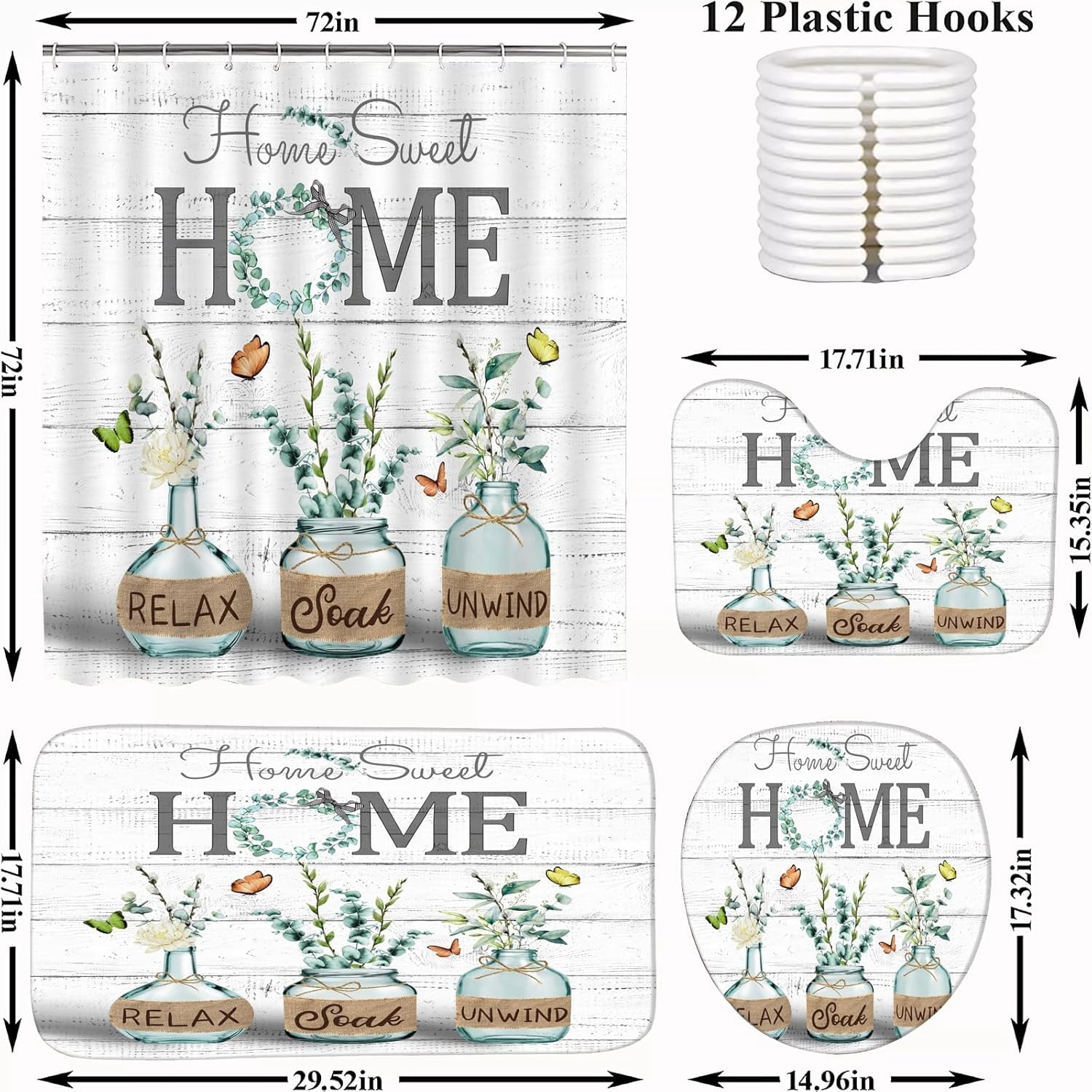 4 PCS Green Eucalyptus Shower Curtain Sets Home Sweet Bathroom Set with Shower Curtain and Rugs and Accessories Farmhouse Country Shower Curtain Bathroom Decor with 12 Hooks 72 X 72 Inch