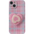 thumbnail image 1 of Cute Phone case for iPhone 14 6.1-inch, pink grid print design with love stand mobile Soft TPU shock protection girls Ladies, 1 of 4
