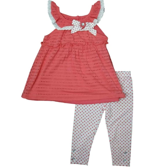 Girls Coral White Polka Dot Eyelet Ruffled Tank Top Legging Shorts 2 PC Outfit