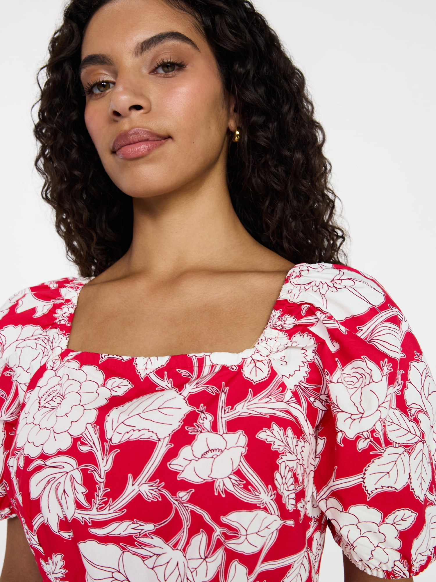 Time and Tru Women's and Women's Plus Tie Back Mini Dress with Puff Sleeves, Sizes XS-4X