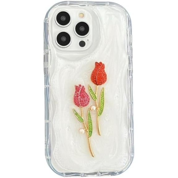 3D Tulip Flowers Wavy Frame Phone Case Compatible with iPhone Case (White,iPhone 12 Pro Max)
