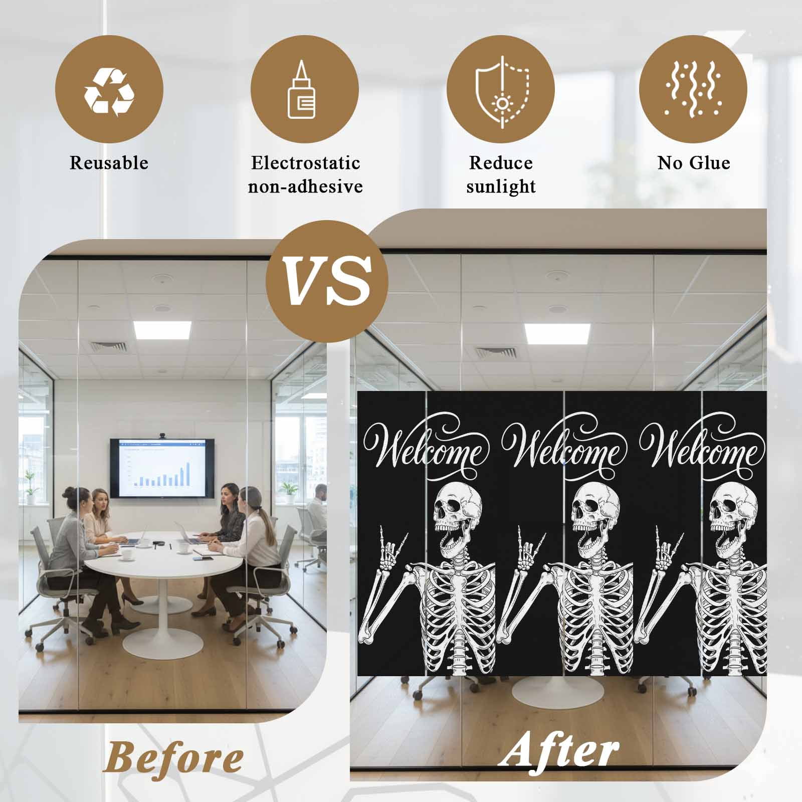 Welcome Skull Window Privacy Film, Funny Skeleton Abstract Black Background Frosted Glass Window Clings Static Cling UV Heat Blocking Reusable Door Sticker for Bathroom 23.6 x 59 Inch