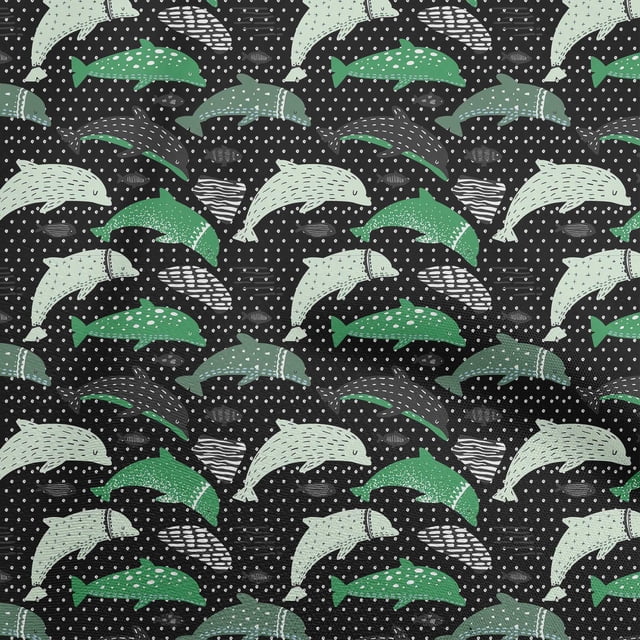 oneOone Rayon Black Fabric Beach Dolphin With Dot Texture Craft Projects Decor Fabric Printed By The Yard 56 Inch Wide