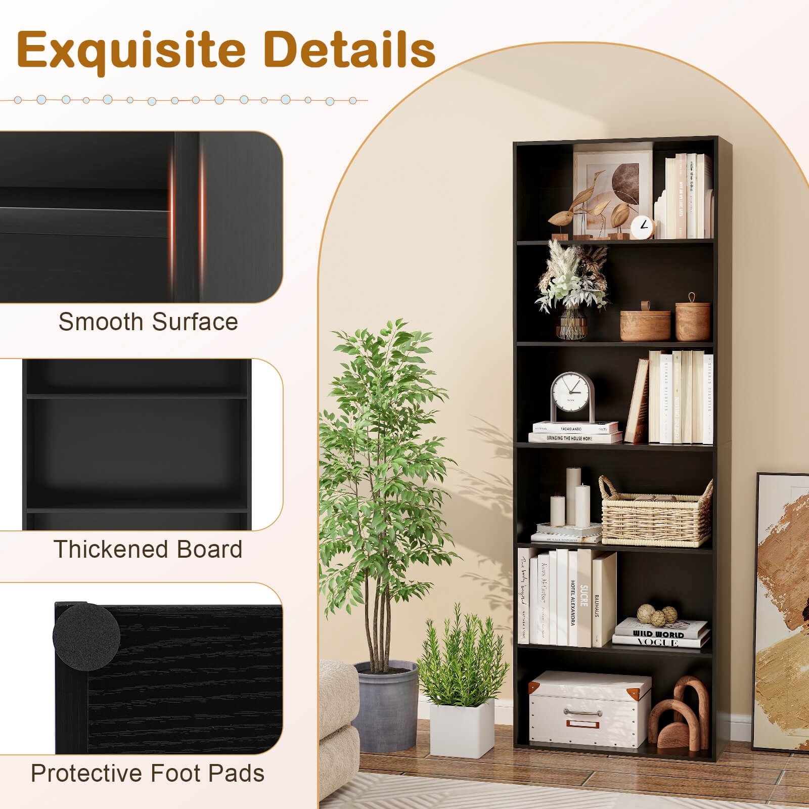 Costway 70" Tall 6-Tier Bookcase with 6 Open Shelves Anti-Toppling Kits for Living Room Black