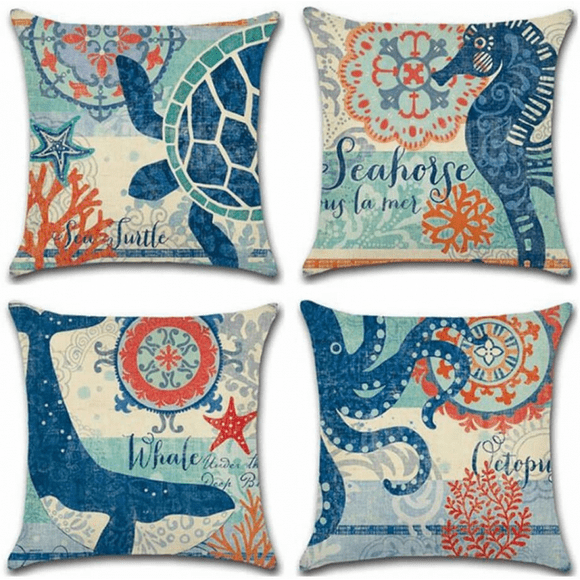 Ocean Theme Square Pillow Case Mediterranean Style Decorative Cotton Linen Throw Coastal Cushion Cover Sets 18 X 18 Inch Pillow Covers, 4 Pack Nautic