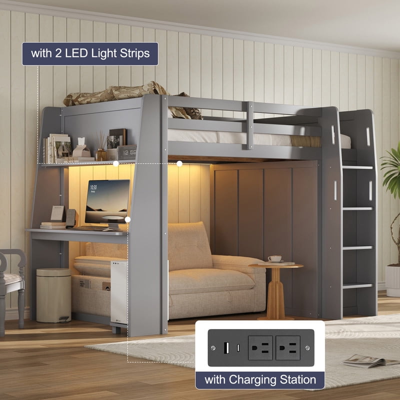 Full Size Wooden Loft Bed with Built-in Desk & Charging Station, Kids Storage Bed Frame with LED Light & Double Door Wardrobe